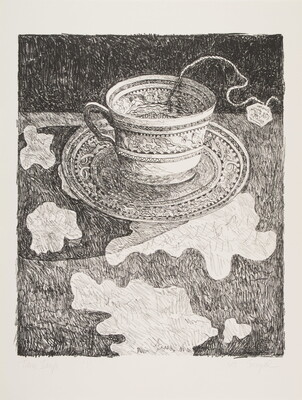 A black-and-white print of a teacup and saucer filled with a liquid; puddles of liquid are spilled on the surface.