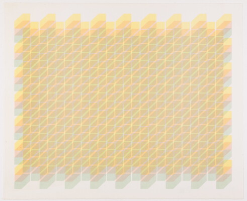 An abstract color print of yellow, red, and blue hexagons overlapping each other to create an optical illusion.