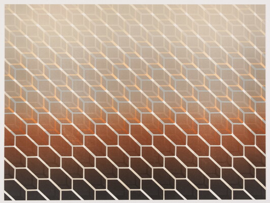 An abstract color print of overlapping hexagon patterns on a gradient background that goes from tan at the top to dark brown at the bottom.