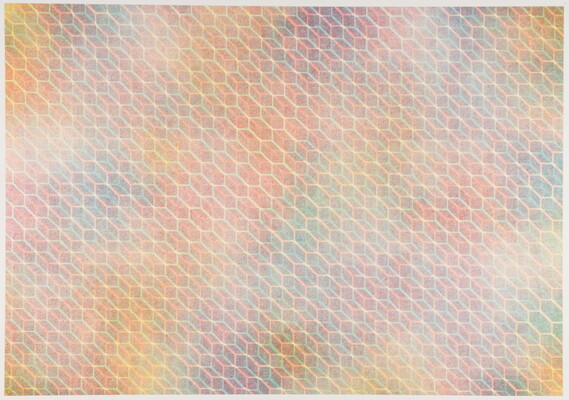 An abstract color print of overlapping hexagon patterns on a background of pastel blue, pink, yellow, orange, and lavender.