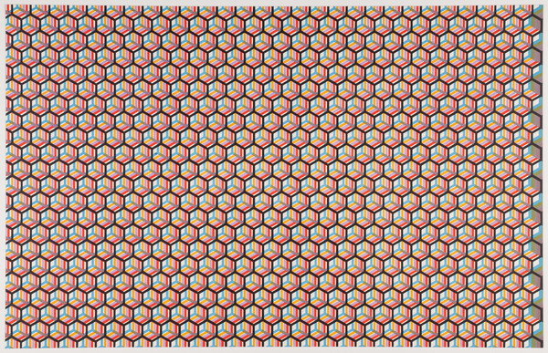 An abstract color print of overlapping hexagon patterns of cyan, magenta, yellow, and black that create a 3D effect.