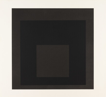 An abstract color print of three squares nested from largest to smallest in brown, dark brown, brown.
