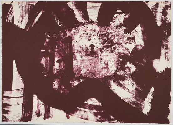 An abstract color print of thick dark red strokes and smudges in a circular shape on a white background.