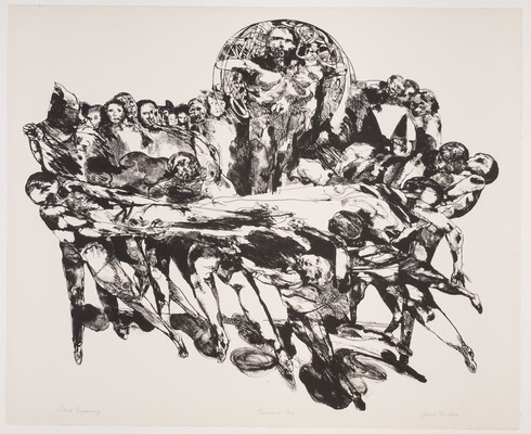 An abstract black-and-white print of a group of human figures holding up two horizontally-oriented figures and one large figure in front of an orb.