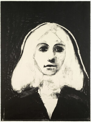 A black-and-white print of a woman from the shoulders up with shoulder-length hair on a black background; her hair and face are white.