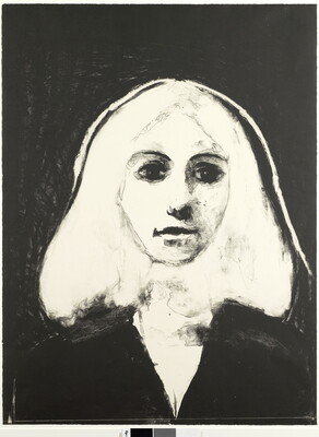 A black-and-white print of a woman from the shoulders up with shoulder-length hair on a black background; her hair and face are white.