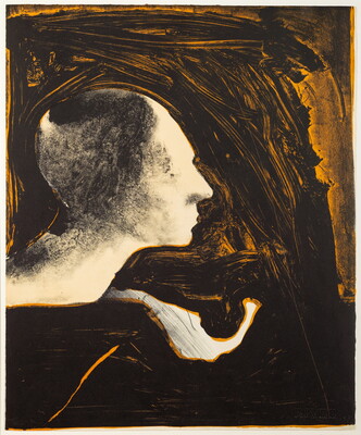 A color print of a white head in profile surrounded by orange and black brush strokes.