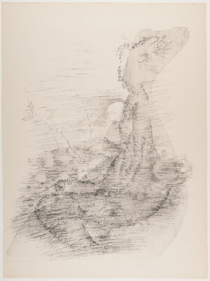 An abstract black-and-white print of organic shapes that look like they were created through a pencil rubbing.