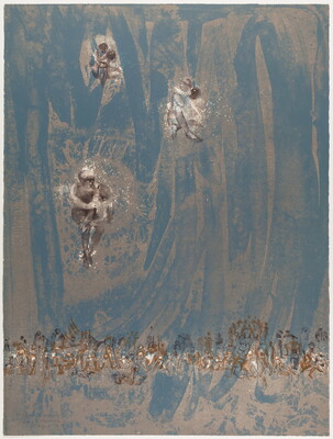 An abstract color print of three human figures suspended like angels above a line of smaller human figures at the bottom, all on a painterly blue background.