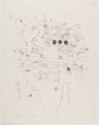 An abstract black-and-white print of varying lines, patterns, and shapes in a quilt-like arrangement, with three dark circles near the center.