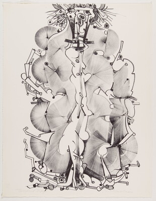 An abstract black-and-white print of fan-like forms and organic lines and shapes arranged in a vertical tower-like structure.