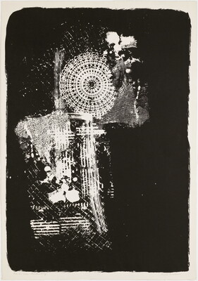 An abstract black-and-white print of a white Ferris wheel shape and other white grids and lines against a black background.