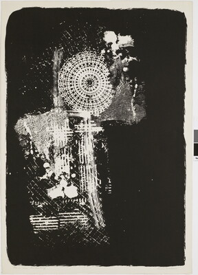 An abstract black-and-white print of a white Ferris wheel shape and other white grids and lines against a black background.