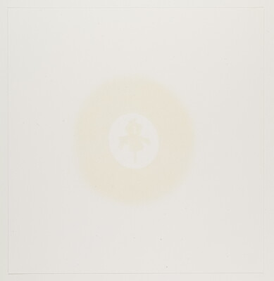 An abstract print of a thick circle enclosing a flower form, both in a faint cream color on white paper.