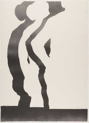 An abstract black-and-white print of light and dark silhouettes of a woman and man standing next to each other.