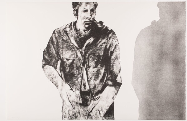 A black-and-white print of a standing, heavily textured White man with his shadow next to him.