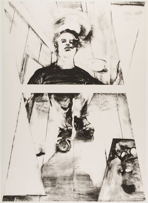 A black-and-white print of a White man's reflection slightly distorted by two mirrors: one showing him from the shoulders up and the other from his knees down.