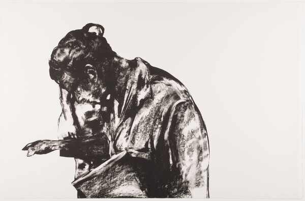 A black-and-white print of a person in profile hunched forward looking at an object they're holding.
