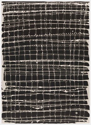 An abstract print of an irregular grid of thin white lines against a black background.
