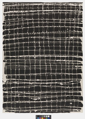 An abstract print of an irregular grid of thin white lines against a black background.