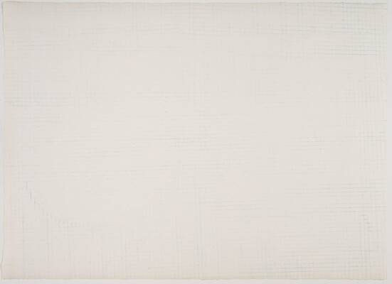A color print that, at first, looks blank but has very faint blue and green lines cross-hatched across the surface.
