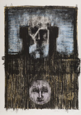 An abstract color print of blocky black and blue shapes above a white moon with a face on a black and yellow striped background.