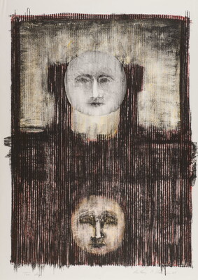 An abstract black-and-white print of two moons with faces, the moon on the top over a light background, and the moon on the bottom over a dark background.
