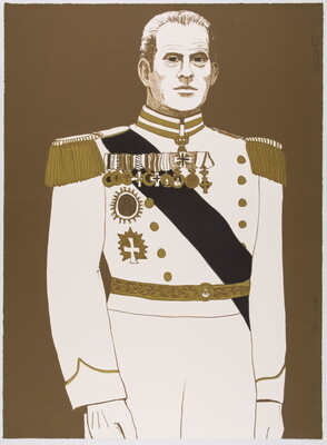 A color print of a White man in a formal military uniform decorated with many medals.