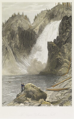 A color print of a figure climbing a rocky landscape along a river with a raging waterfall in the distance.