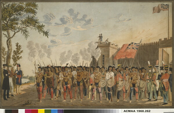 A watercolor of a large group of Indigenous people and smaller groups of White soldiers standing in front of a walled fort.