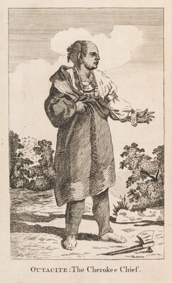 A black-and-white print portrait of an Indigenous man standing with a hatchet laying at his feet.