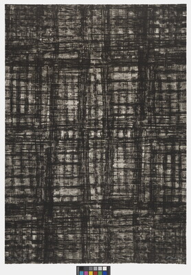 An abstract print of an irregular grid of black hash marks against a white background.