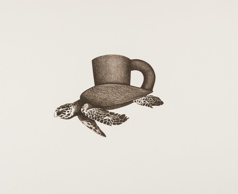 A black-and-white print of a cup with a sea turtle as its base.