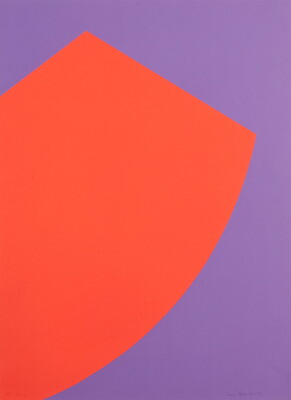 An abstract color print of an orange rectangle-like shape protruding onto a purple field.