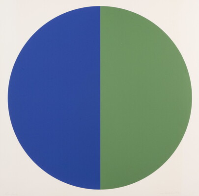 A color print of a circle, right half blue and the left half green, that fills the background.