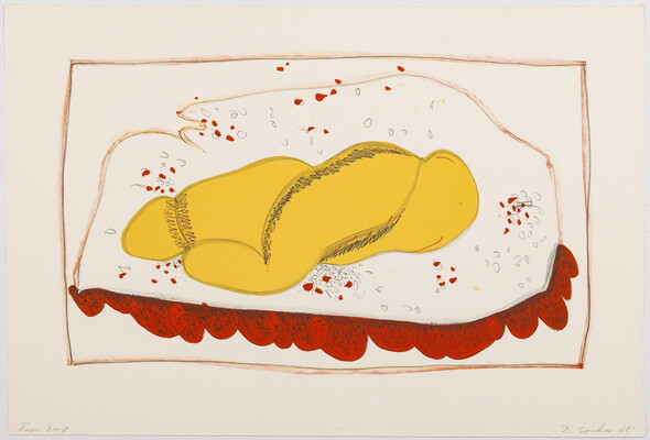 An abstract color print of large organic curvy yellow shapes surrounded by red dots and a curved red border underneath, all within a rectangular border.