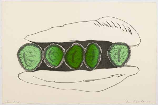 An abstract color print of two elongated oval shapes outlined in black sandwiching five green ovals, also outlined in black.