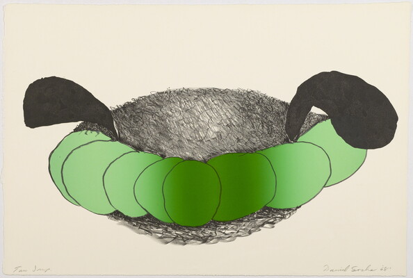 An abstract color print of a series of green circles that appear to encircle a heavily textured gray oval shape with two large black antennas emerging from the top. 