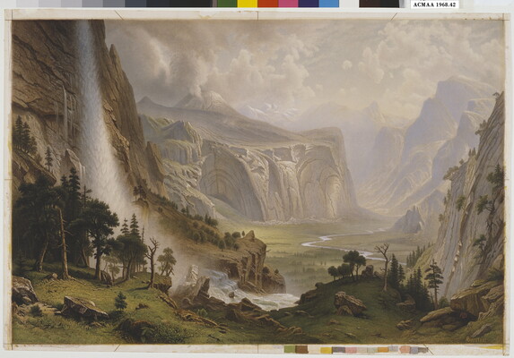 A landscape print of a waterfall cascading down a rocky cliffside and running through a lush, green valley.