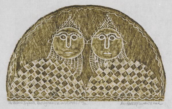 A monochromatic print of a tomb rubbing of two stylized babies next to one another, both with round heads, pointed hats, bodies covered in checkered blankets.