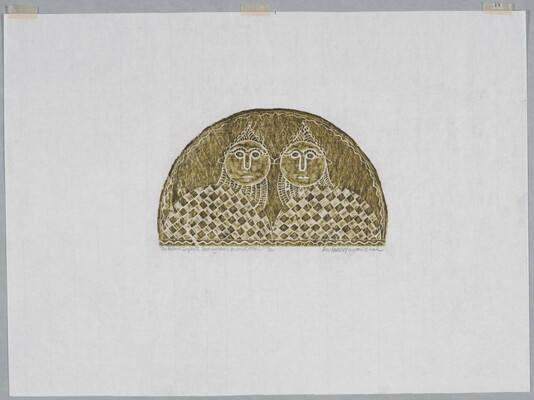 A monochromatic print of a tomb rubbing of two stylized babies next to one another, both with round heads, pointed hats, bodies covered in checkered blankets.