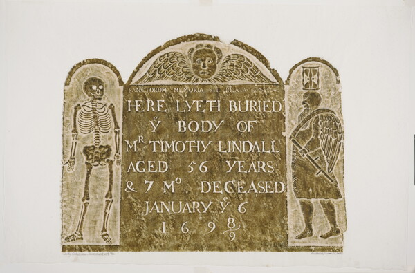 A print of a stone rubbing of a tombstone that includes text, images of a skeleton, and a winged man with an hourglass on his head.<br />