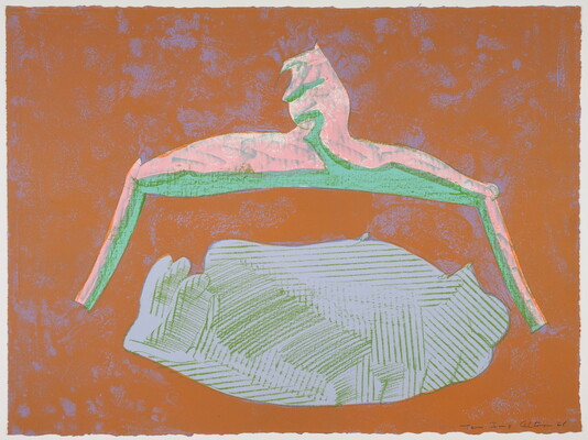 An abstract color print of an angled pink and green shape hovering over an organic blue and green shape, all on a textured brown background.