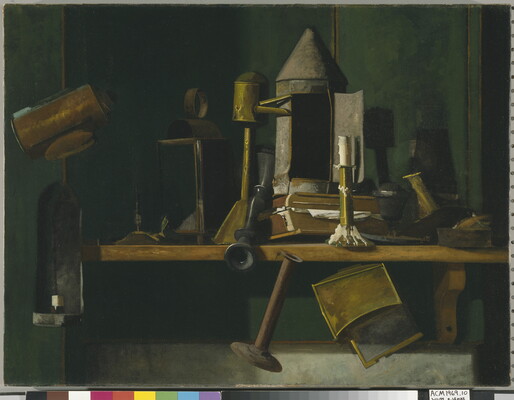 A painting of antique lamps and candlesticks scattered on a wood shelf.