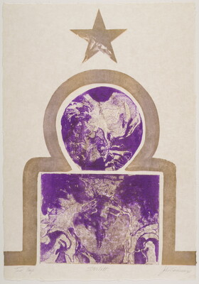 An abstract color print in purple and tan of a tan star, an X-ray of a head in a circle, and an X-ray of a pelvis in a square.