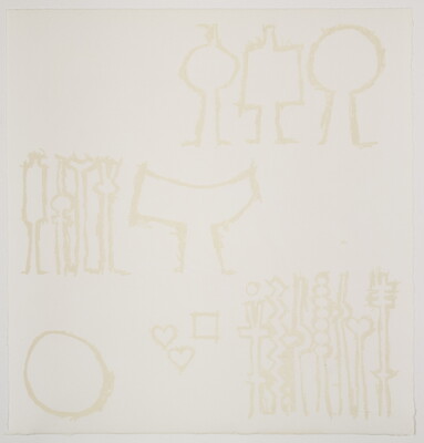 An abstract color print of a series of geometric shapes and symbols in three levels printed in a very light tan on white paper.