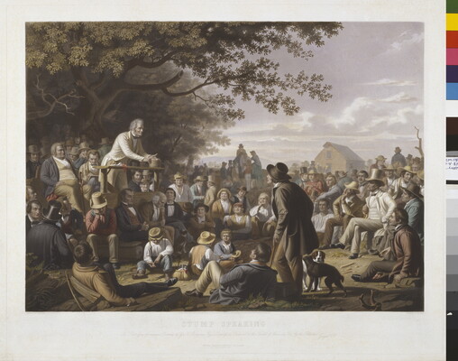 A print of a man standing on a platform under a tree speaking to a large crowd of people.