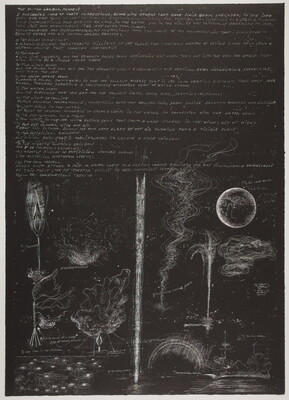 An abstract black-and-white print of organic white shapes and lines that resemble a landscape below written text.