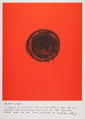An abstract color print of a black circle on a red background above written text.