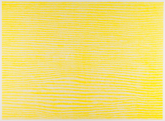 An abstract color print of horizontal yellow lines in various widths that seem to vibrate on the page.